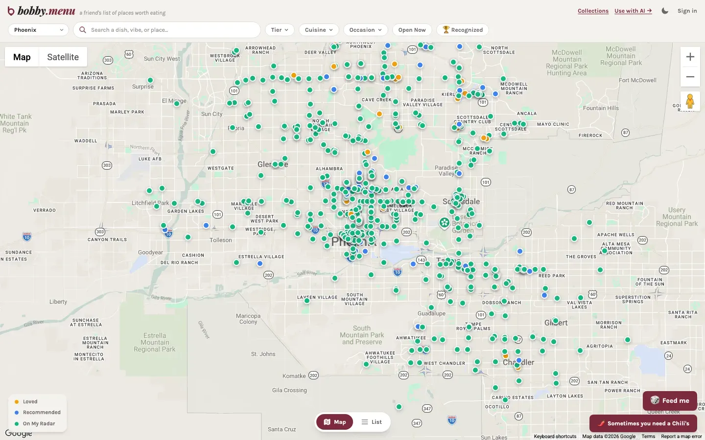 The bobby.menu web app, showing a map of the Phoenix metro dotted with color-coded pins for loved, recommended, and on-my-radar restaurants, above search and filter controls.
