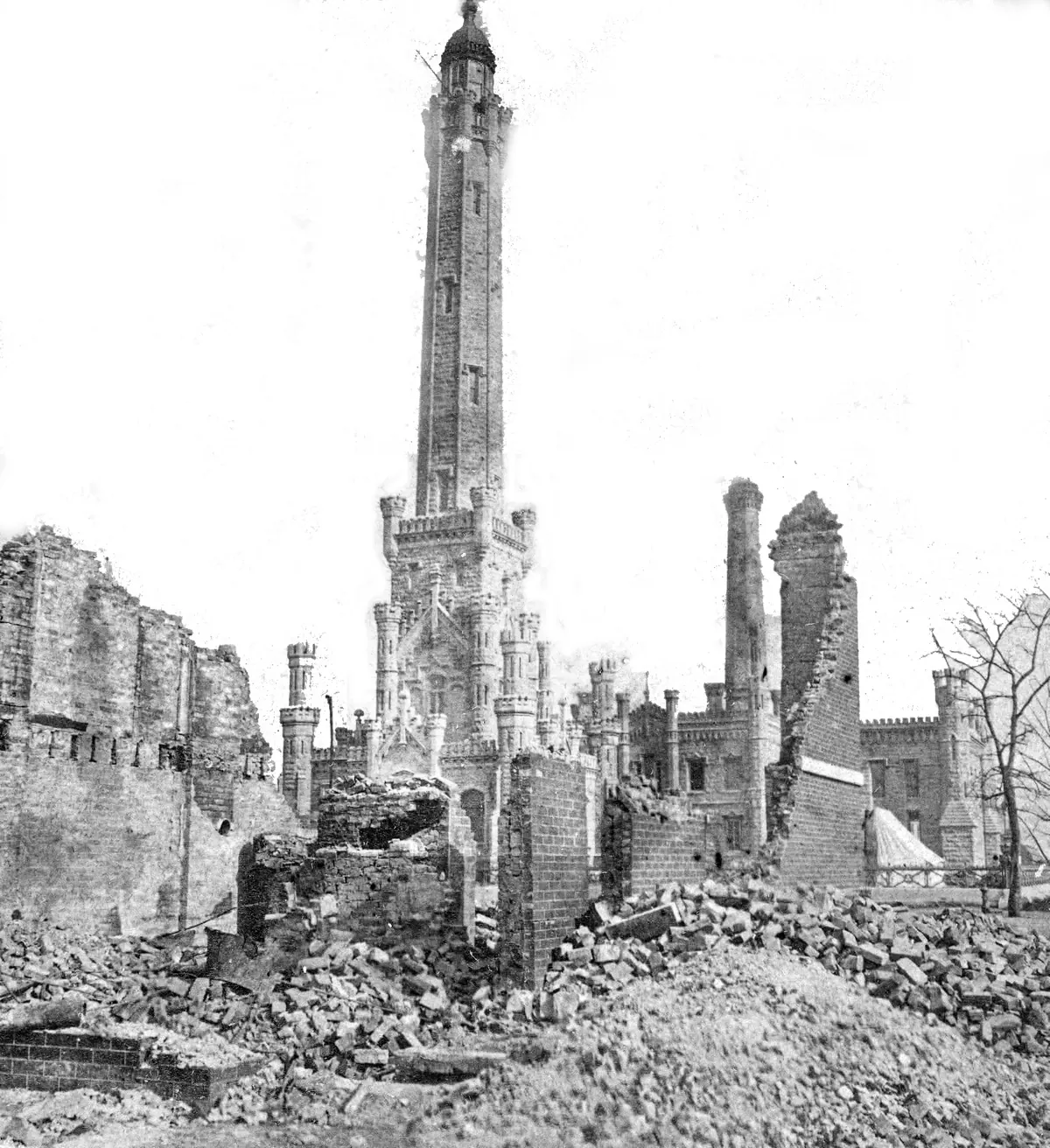 The Chicago Water Tower standing amid the ruins after the Great Chicago Fire.
