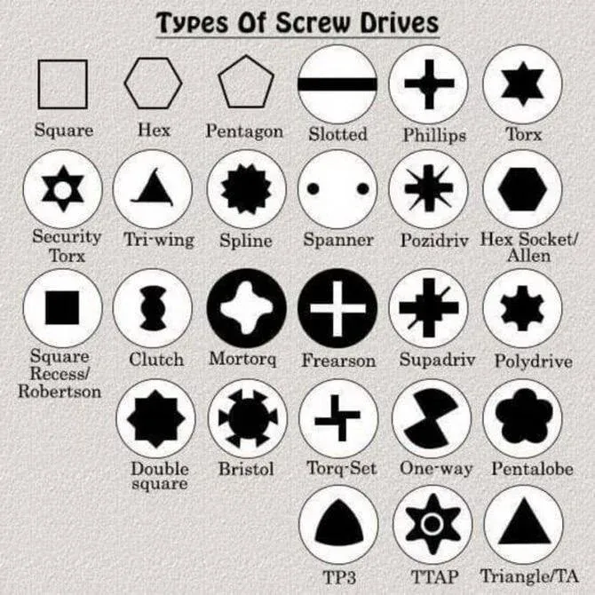 A chart showing dozens of screw drive types, from common shapes like slotted, Phillips, and Torx to obscure ones like Mortorq, Bristol, and Pentalobe.